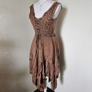 Flower Brown Boho Embroidered Handkerchief Hem Dress